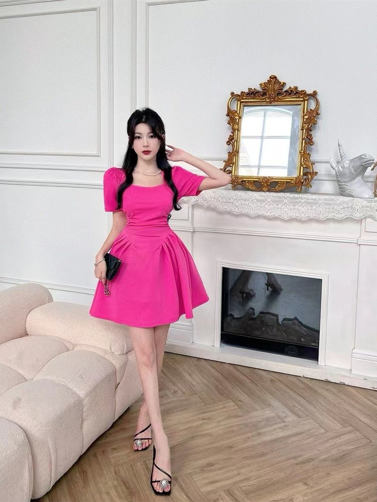 2024 New Summer French Style Dress – Waist-Cinching Pleated Puff Sleeve Square Neck A-Line Mini Dress