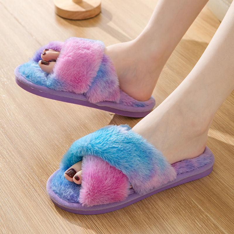Colorful Cross-Band Open-Toe Plush Slippers for Women