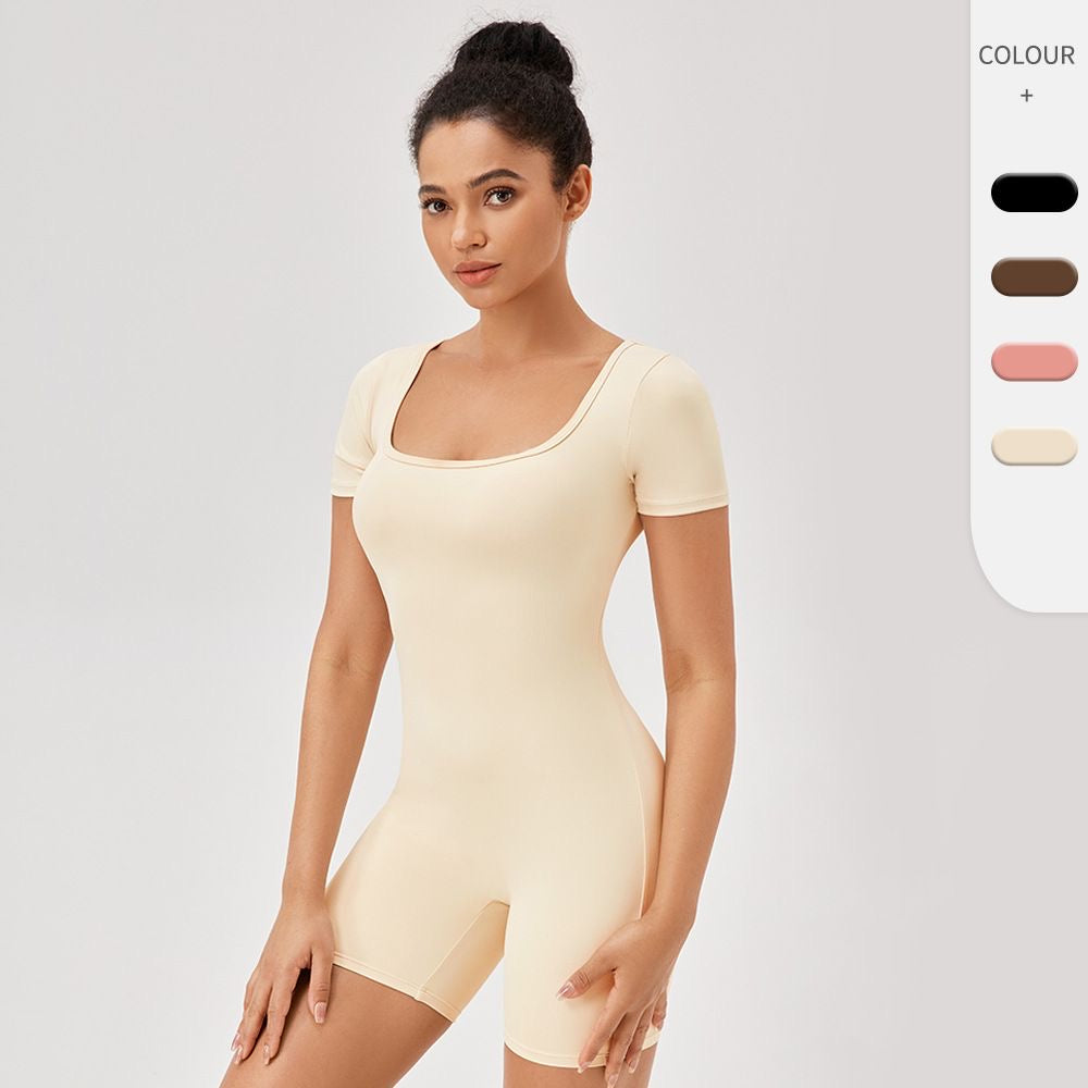 Women's Nude Feel Yoga Jumpsuit with Square Neck, Tight Fit, Quick-Dry Fitness Bodysuit, Short Sleeve 42244