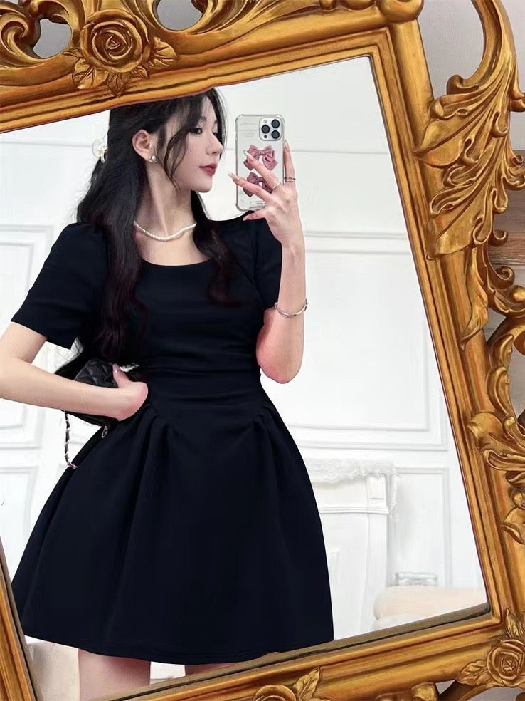 2024 New Summer French Style Dress – Waist-Cinching Pleated Puff Sleeve Square Neck A-Line Mini Dress