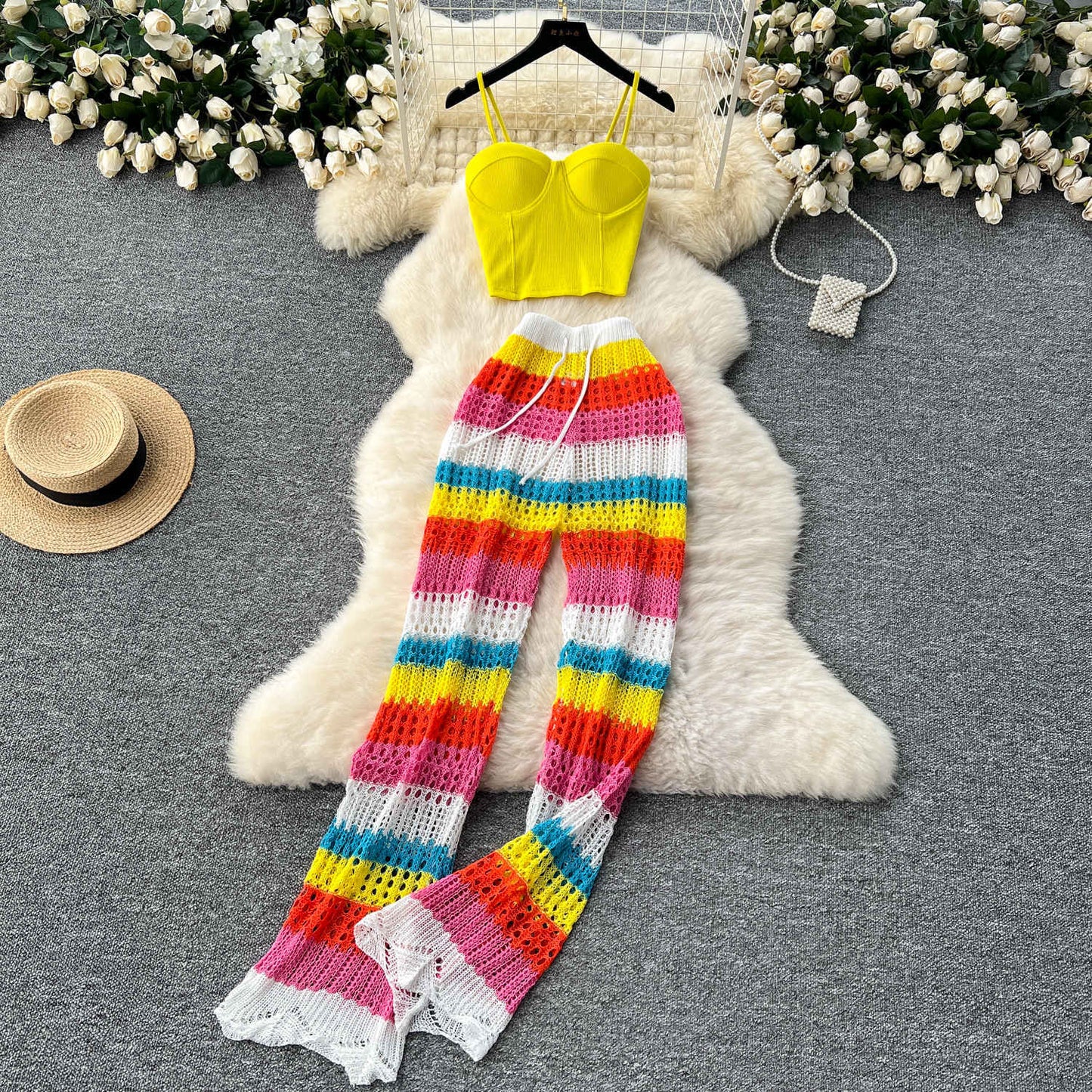 Pure and Elegant Style Spaghetti Strap Bustier + Hollow Crochet High-Waist Slimming Colorful Striped Knit Pants Summer Set for Women