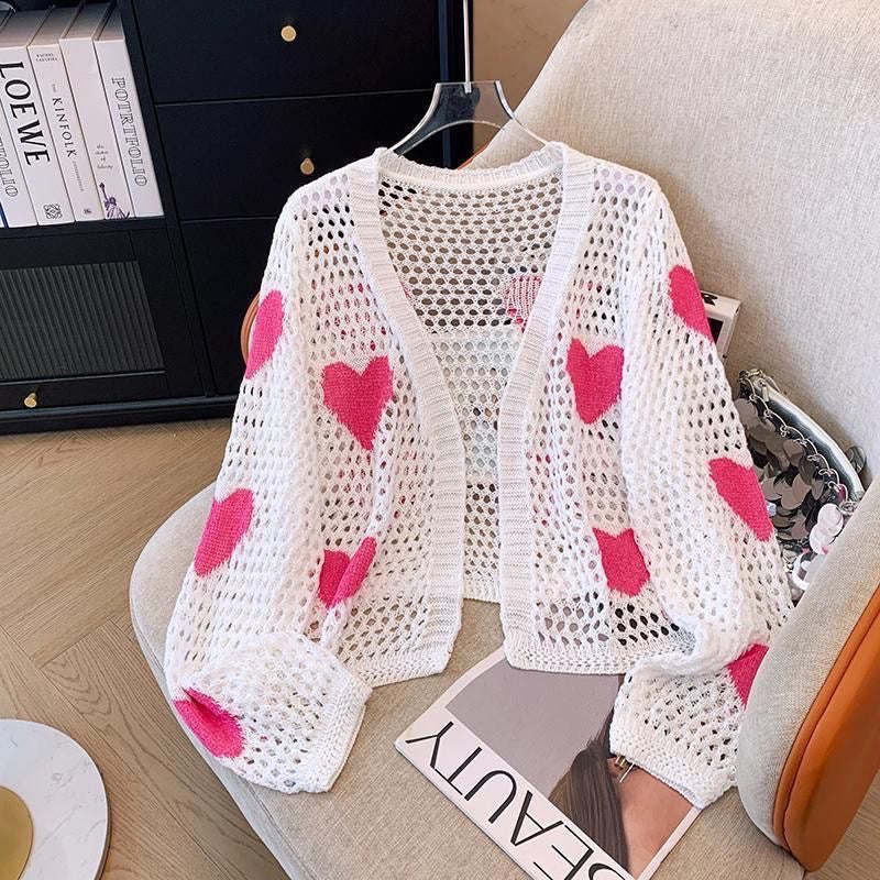 Heart Embroidery Hollow Knit Cardigan for Women – Summer Lightweight, Sweet and Elegant, Sun Protection, Long Sleeve