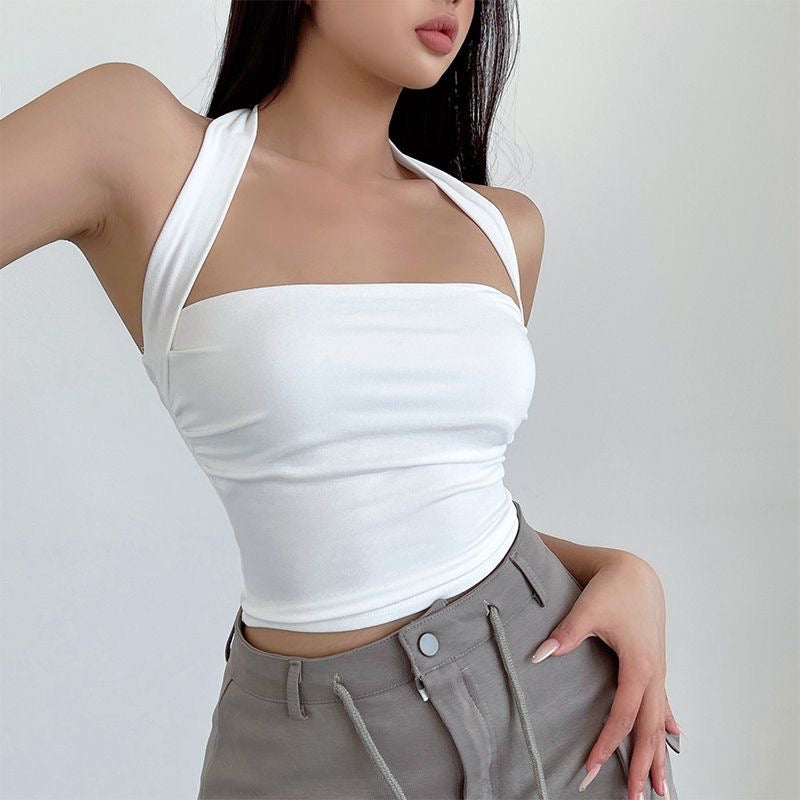 "LIVRAHOME American Vintage Dopamine Sexy Halter Neck Crop Top – Slim Fit, Midriff-Baring, Trendy Tank for Hot Girls"