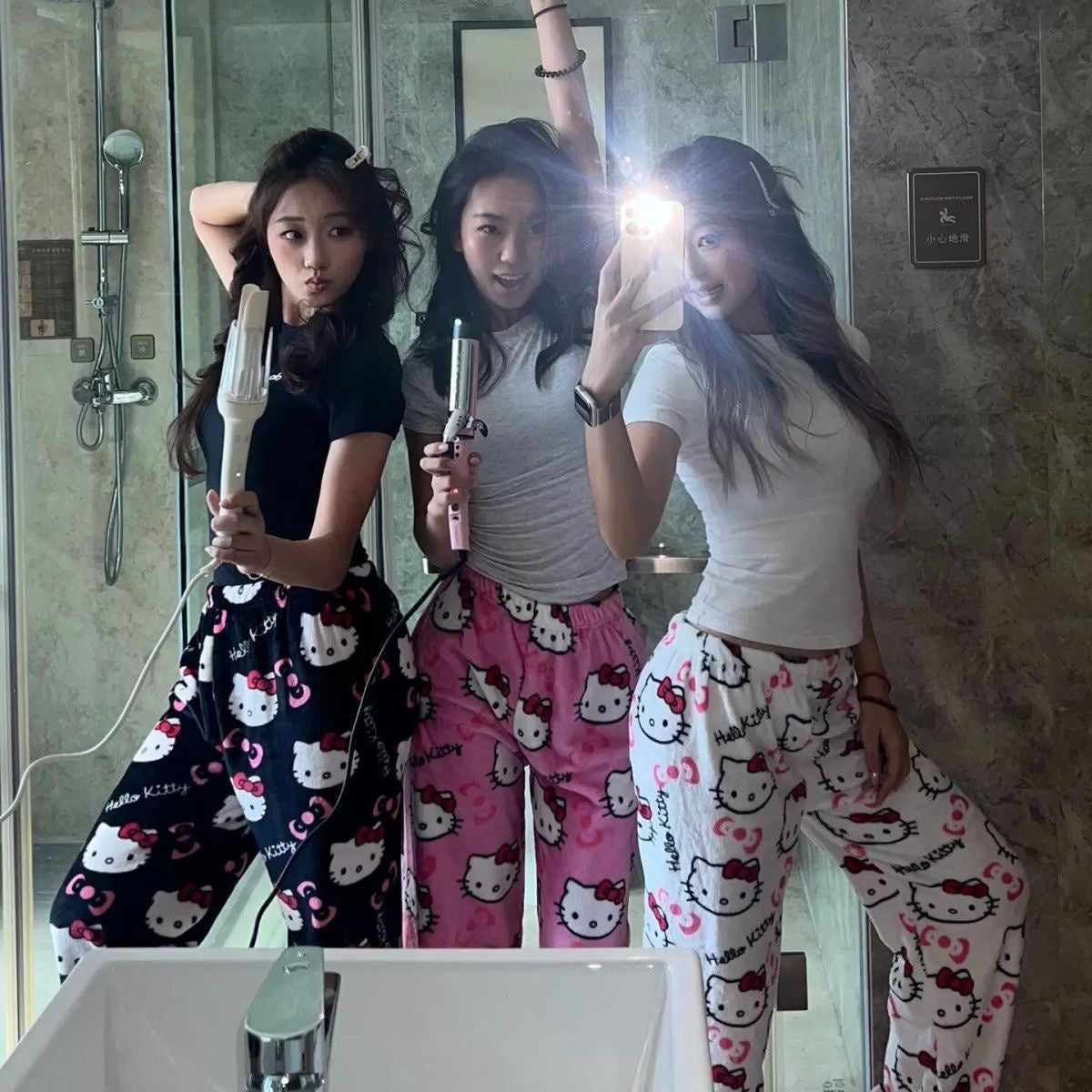 Hello Kitty Cute Women's Kitty Cat Coral Fleece Cartoon Warm Pajama Pants for Home and Casual Outing