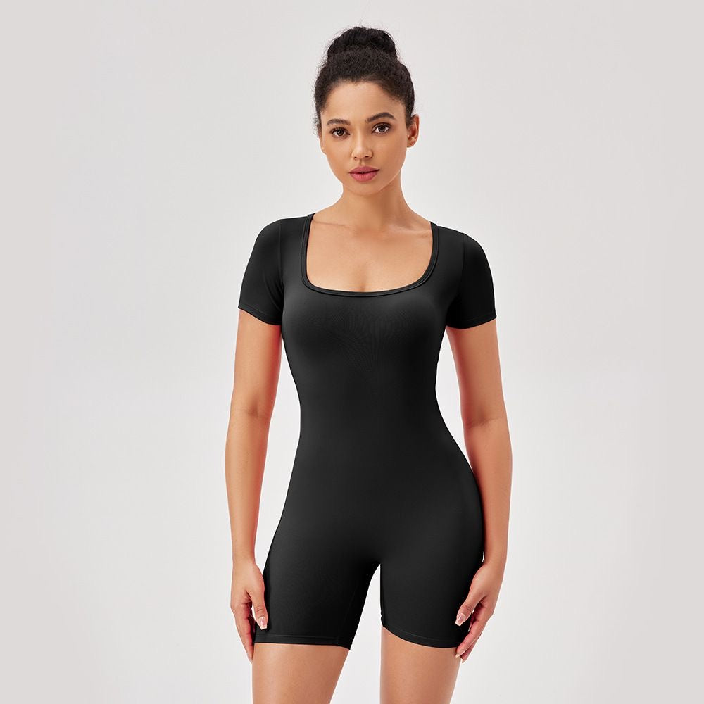 Women's Nude Feel Yoga Jumpsuit with Square Neck, Tight Fit, Quick-Dry Fitness Bodysuit, Short Sleeve 42244