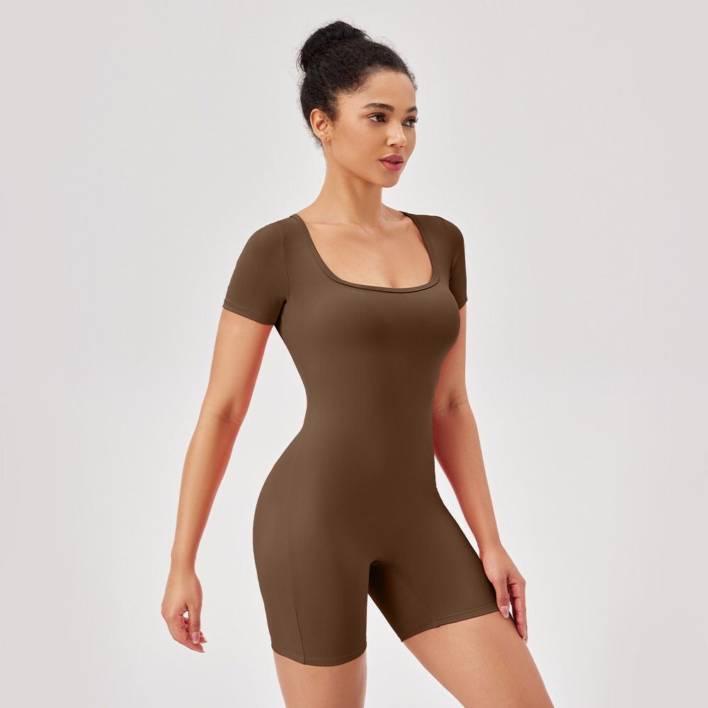 Women's Nude Feel Yoga Jumpsuit with Square Neck, Tight Fit, Quick-Dry Fitness Bodysuit, Short Sleeve 42244