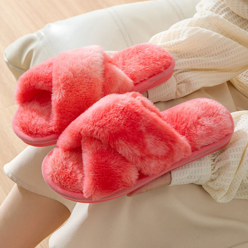 Colorful Cross-Band Open-Toe Plush Slippers for Women