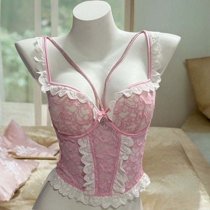 "Elegant Lace Pink Push-Up Bra with Rhinestones – Boned Back Support, Padded Vest Top for a Voluptuous Look"