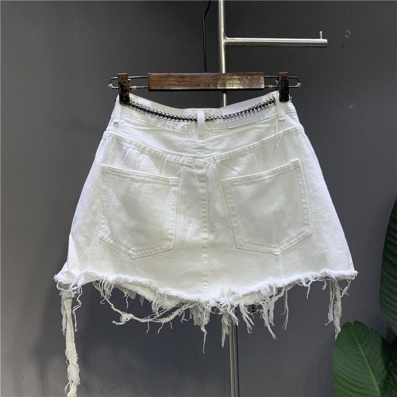2025 Spring/Summer White Frayed Irregular Denim Skirt for Women – Anti-Exposure, Distressed Pocket Short Skirt with Ripped Details