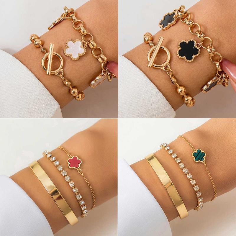 Rhinestone Clover Chain Bracelet – Simple Geometric Smooth Bangle