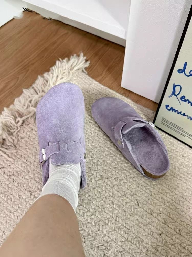 2024 French-Style Fully Covered Birkenstock Shoes for Women – Violet Velvet Lining, Cork Thick Sole Slip-Ons