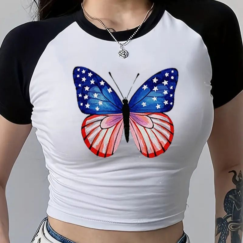 Trendy American Style Contrast Color Crop Top – Summer Hot Girl Slim Fit T-Shirt