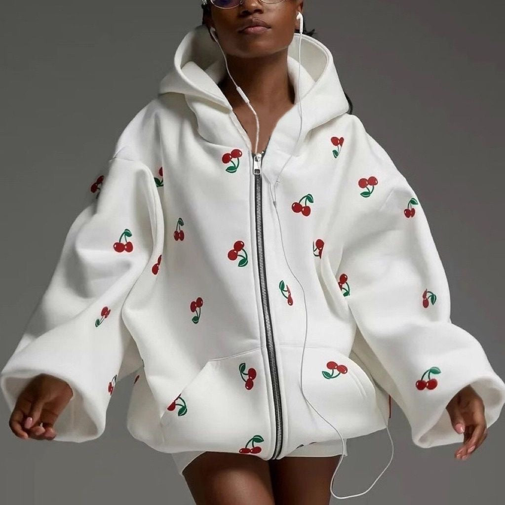 Cherry Print Hoodie Sweatshirt for Women, Autumn Street Style, European and American Fashion, Loose-Fit Versatile Sports Hoodie