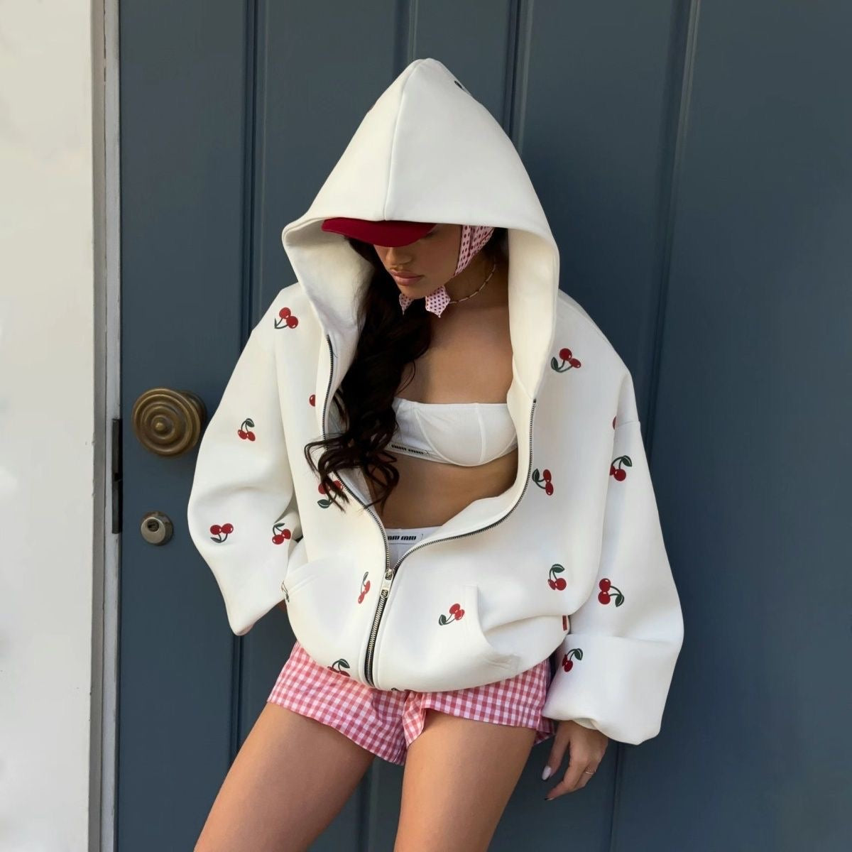 Cherry Print Hoodie Sweatshirt for Women, Autumn Street Style, European and American Fashion, Loose-Fit Versatile Sports Hoodie