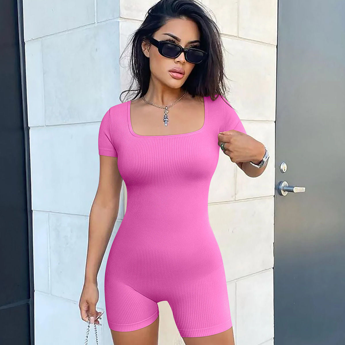 Women's Nude Feel Yoga Jumpsuit with Square Neck, Tight Fit, Quick-Dry Fitness Bodysuit, Short Sleeve 42244
