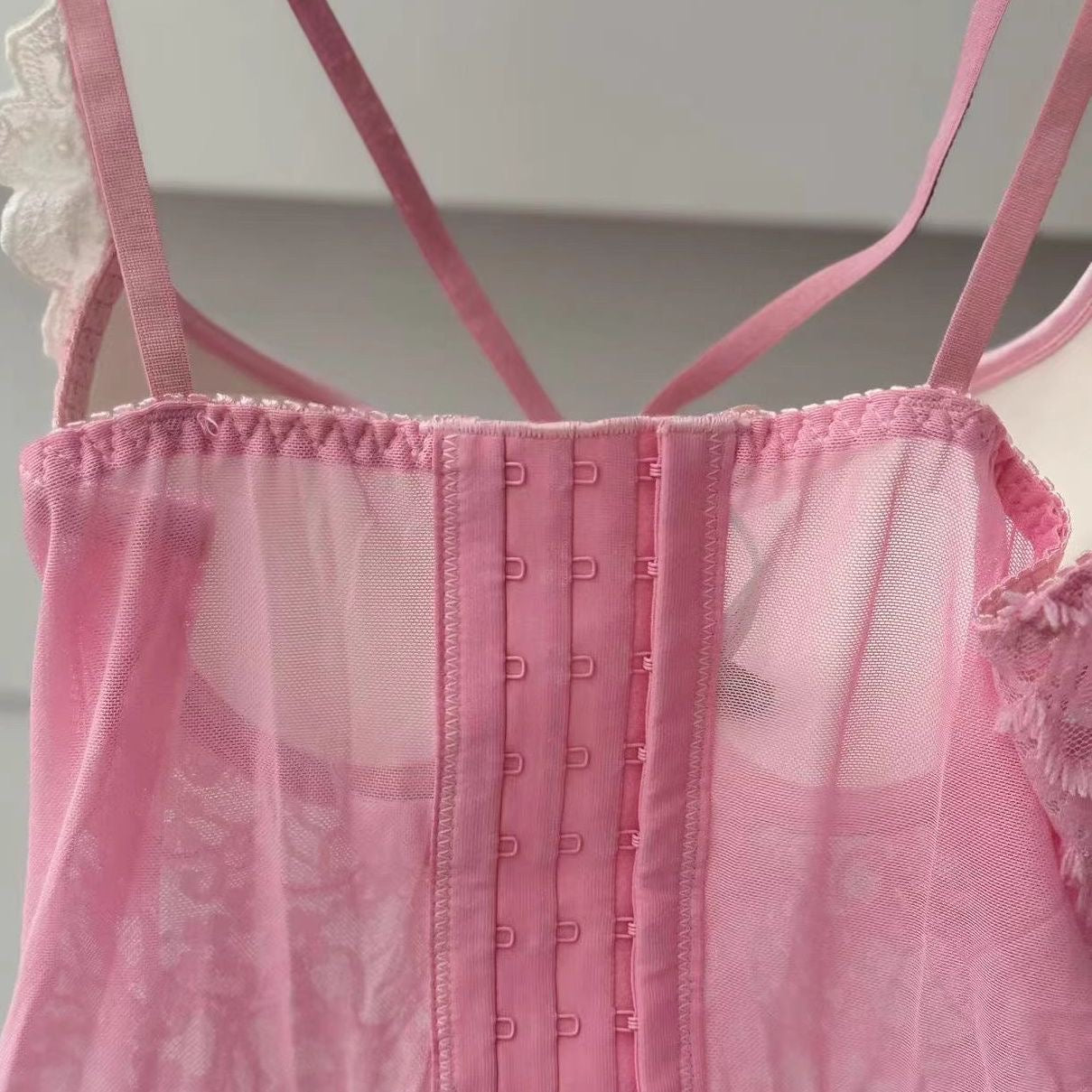 "Elegant Lace Pink Push-Up Bra with Rhinestones – Boned Back Support, Padded Vest Top for a Voluptuous Look"