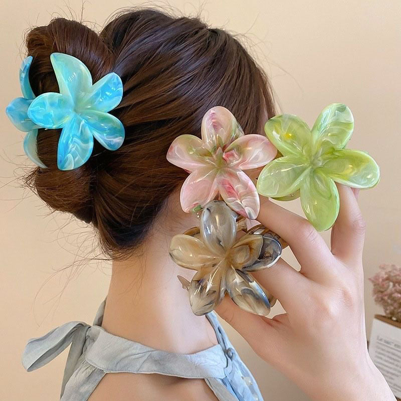 2025 Summer Ice Transparent Plumeria Claw Clip Shark Clip Sweet Marble Hair Accessory