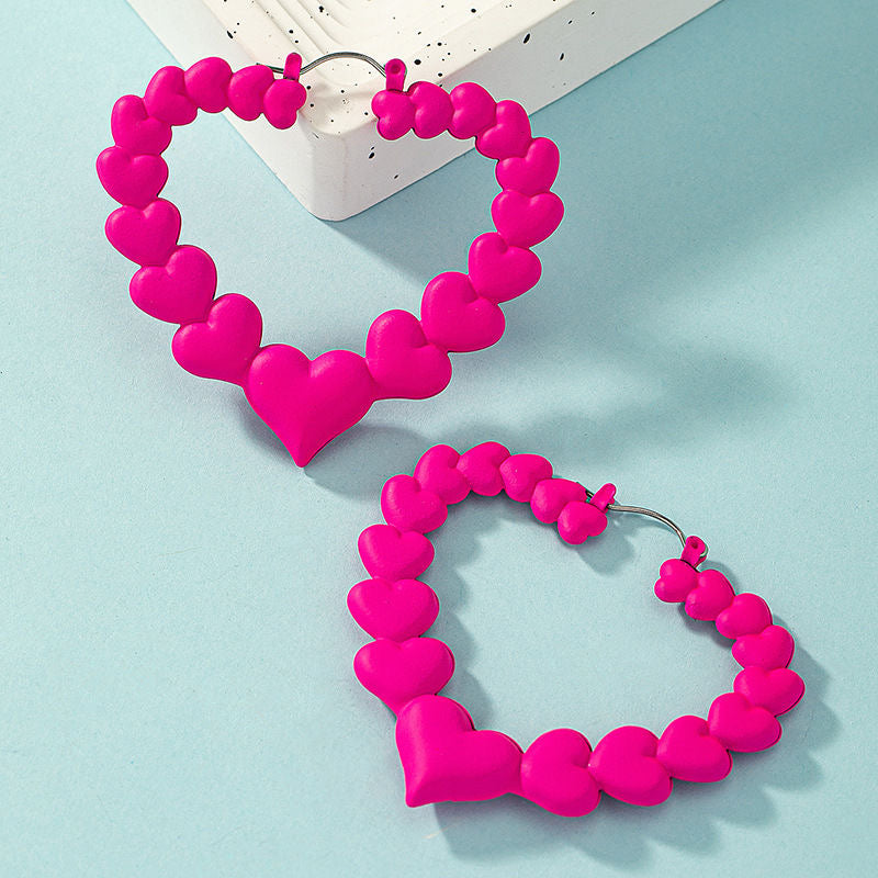 Heart-Shaped Fuchsia Earrings, Exaggerated Dragon Fruit Pink, Japanese-Inspired Unique Design Cute Ear Accessories for Women