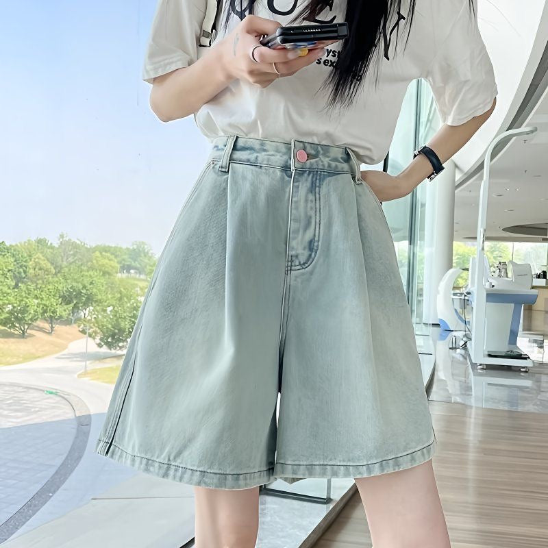 Women’s High-Waisted Denim Shorts – 2025 Summer New Loose Fit A-Line 5-Inch Wide-Leg Mid-Length Shorts for Petite Girls