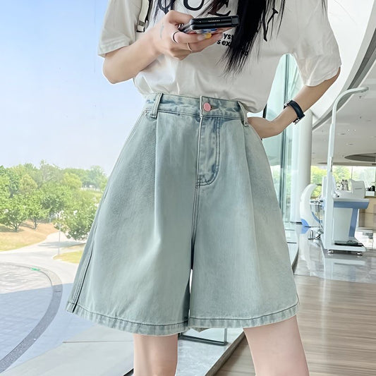Women’s High-Waisted Denim Shorts – 2025 Summer New Loose Fit A-Line 5-Inch Wide-Leg Mid-Length Shorts for Petite Girls