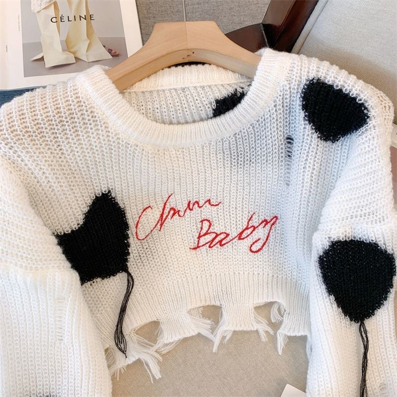 Heart Letter Chic Sweater for Women – 2023 Spring Collection, Loose Fit, Cropped, Distressed Tassel Long Sleeve Knit