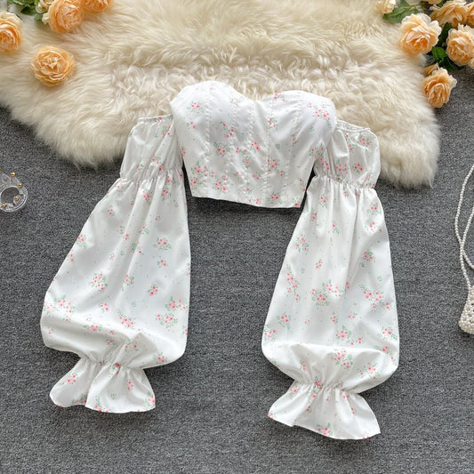 Floral Off-Shoulder Corset Blouse – Sweet Chic Long-Sleeve Crop Top