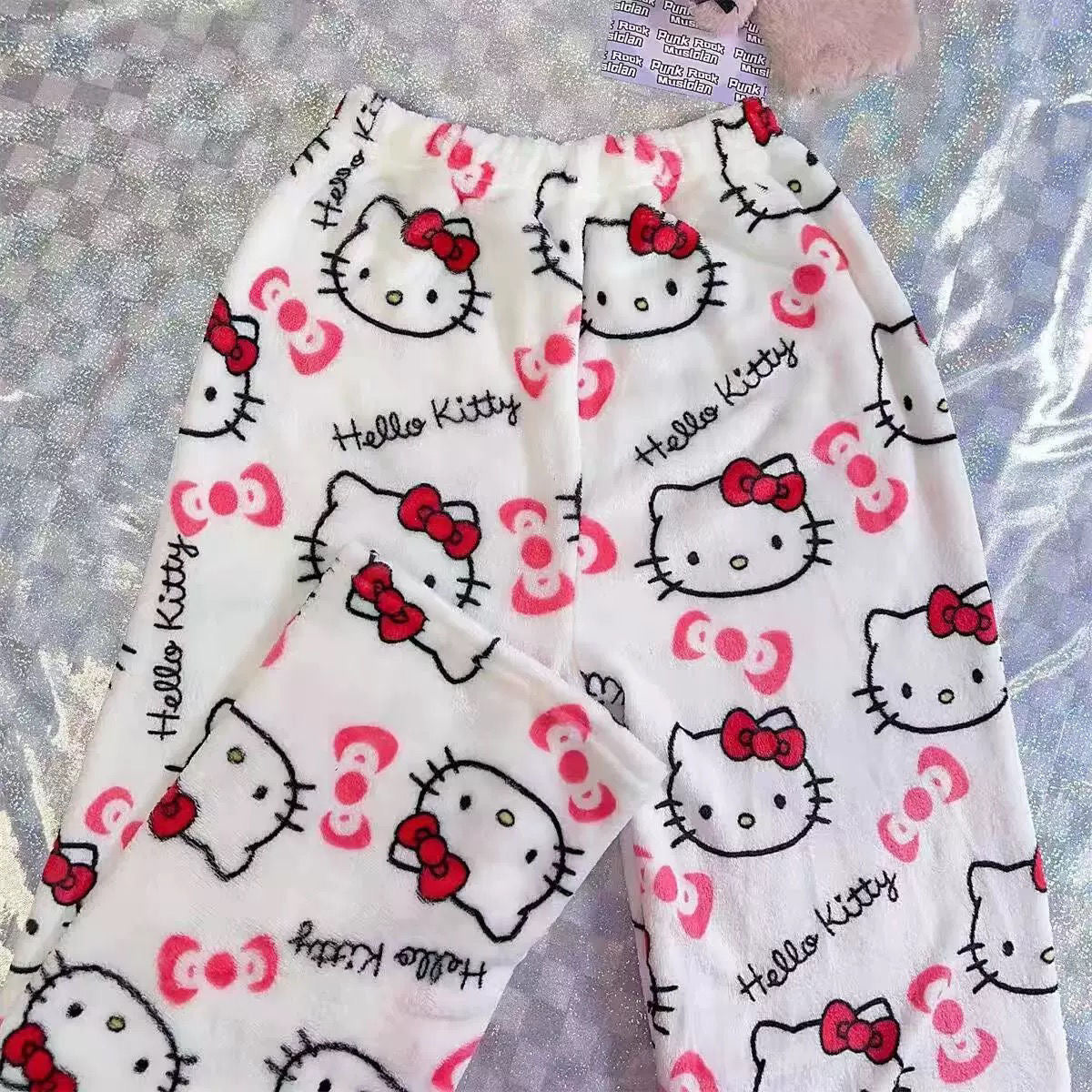 Hello Kitty Cute Women's Kitty Cat Coral Fleece Cartoon Warm Pajama Pants for Home and Casual Outing