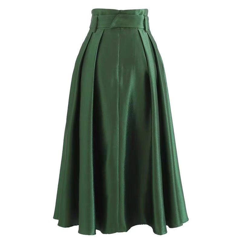Hepburn-Style Black Satin Midi Skirt for Women – High-Waisted, Vintage Tie-Waist A-Line Puff Skirt with Pockets