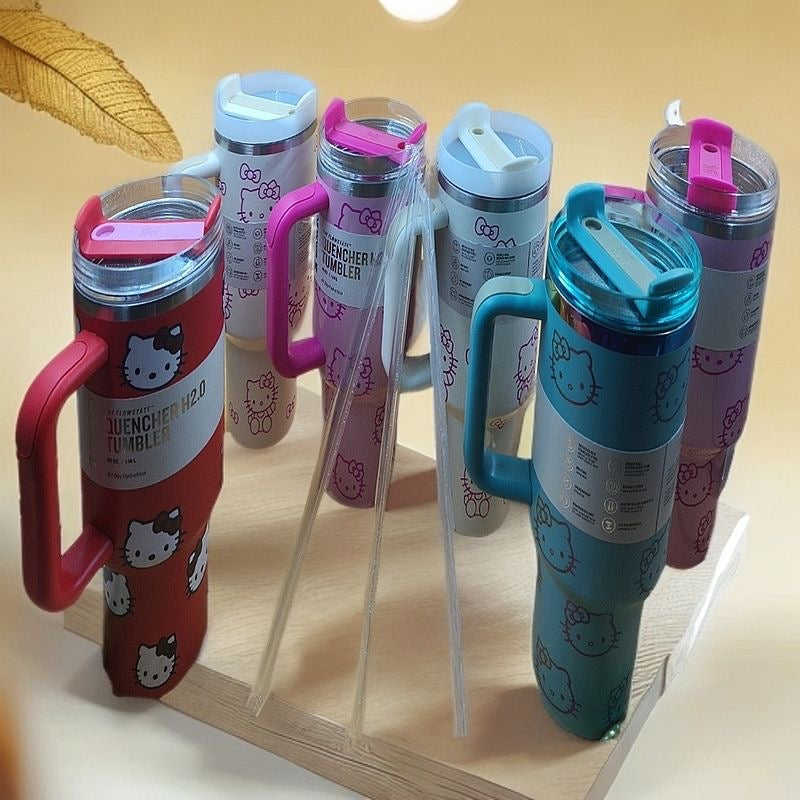 Cartoon Pattern 2nd Generation 40oz Stainless Steel Universal Car Travel Thermos Cup with Anti-Drop Rotating Lid and Straw