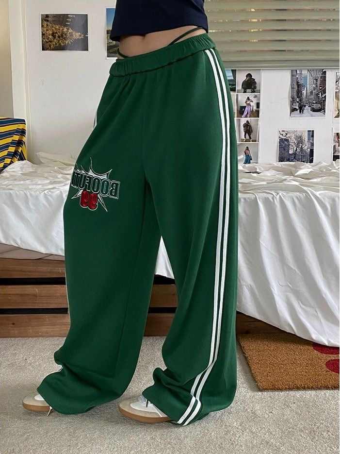American Summer Sports Pants for Men and Women, Green Two-Stripes Letter Print Loose-Fit Straight-Leg Dragging Casual Wide-Leg Sweatpants