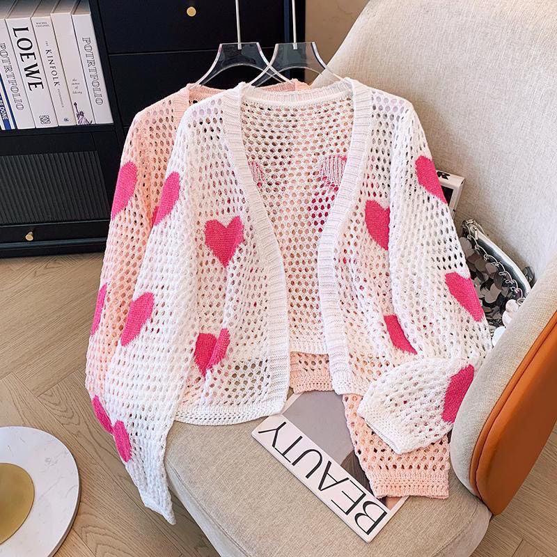 Heart Embroidery Hollow Knit Cardigan for Women – Summer Lightweight, Sweet and Elegant, Sun Protection, Long Sleeve