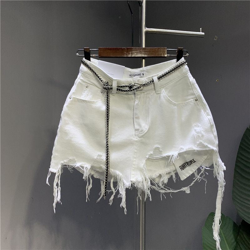 2025 Spring/Summer White Frayed Irregular Denim Skirt for Women – Anti-Exposure, Distressed Pocket Short Skirt with Ripped Details