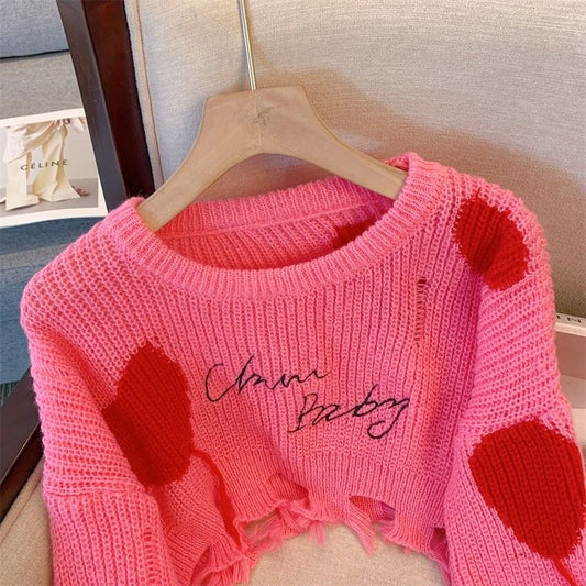 Heart Letter Chic Sweater for Women – 2023 Spring Collection, Loose Fit, Cropped, Distressed Tassel Long Sleeve Knit
