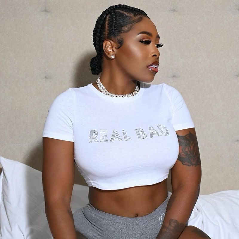 Autumn Women’s Sexy Rhinestone Slim Fit Crop Top Short Sleeve T-Shirt