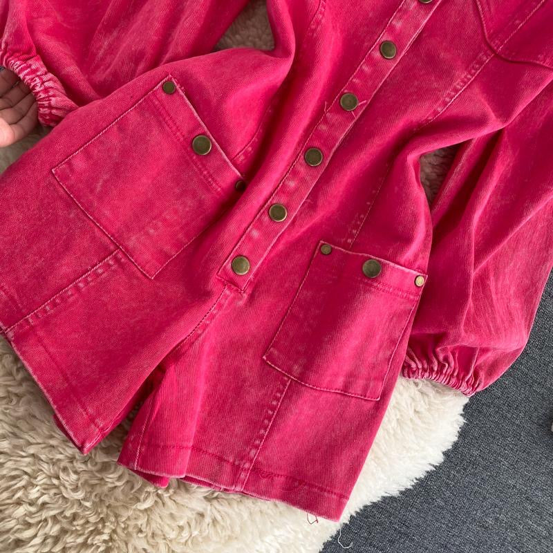 Rose Pink Jumpsuit with Retro Single-Breasted Button, Slim-Fit Short Denim Pants for Autumn