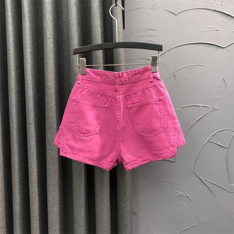 Rose Pink High-Waisted Faux Two-Piece Denim Skirt Shorts for Women – 2022 New Summer Fashion A-Line Trendy Hot Pants