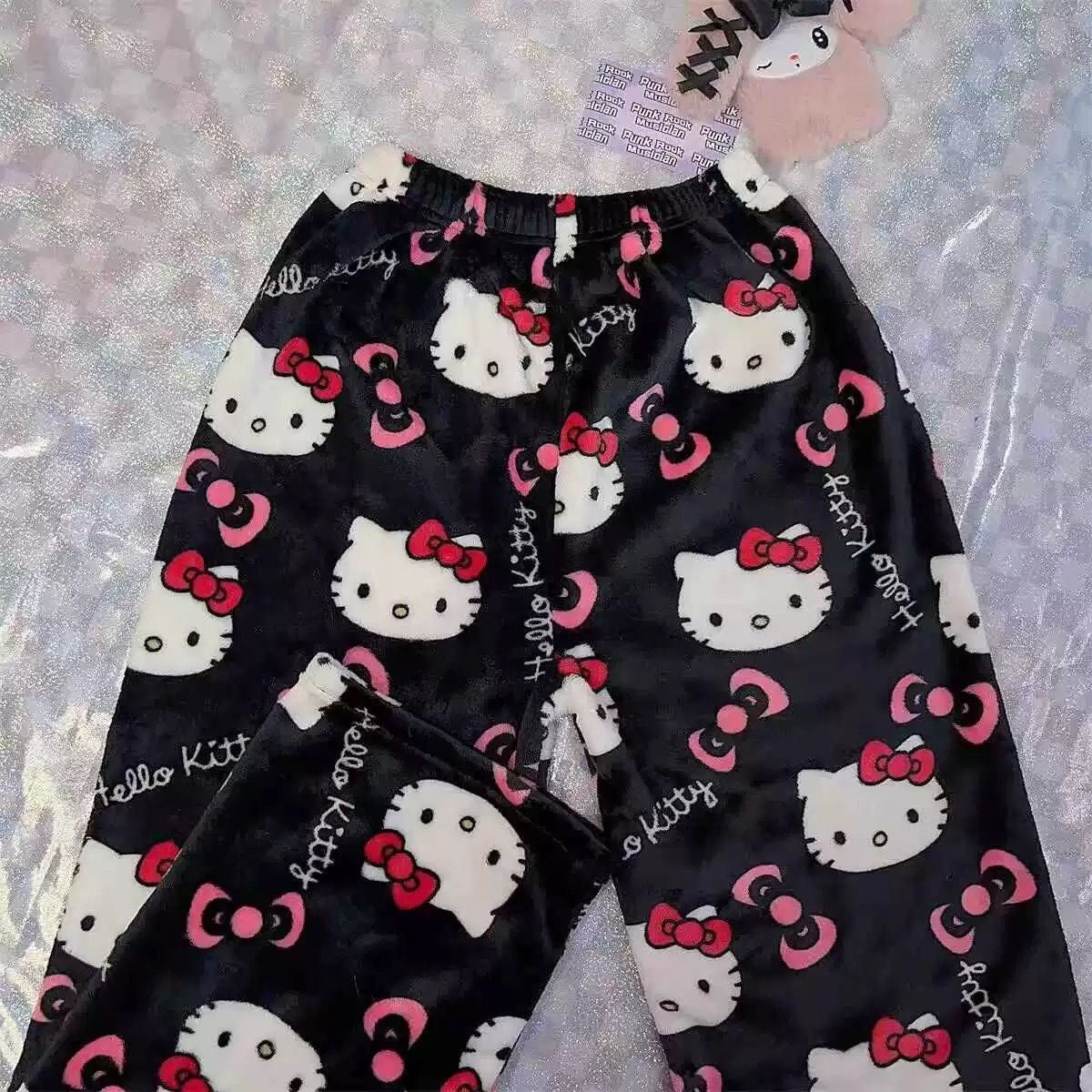 Hello Kitty Cute Women's Kitty Cat Coral Fleece Cartoon Warm Pajama Pants for Home and Casual Outing