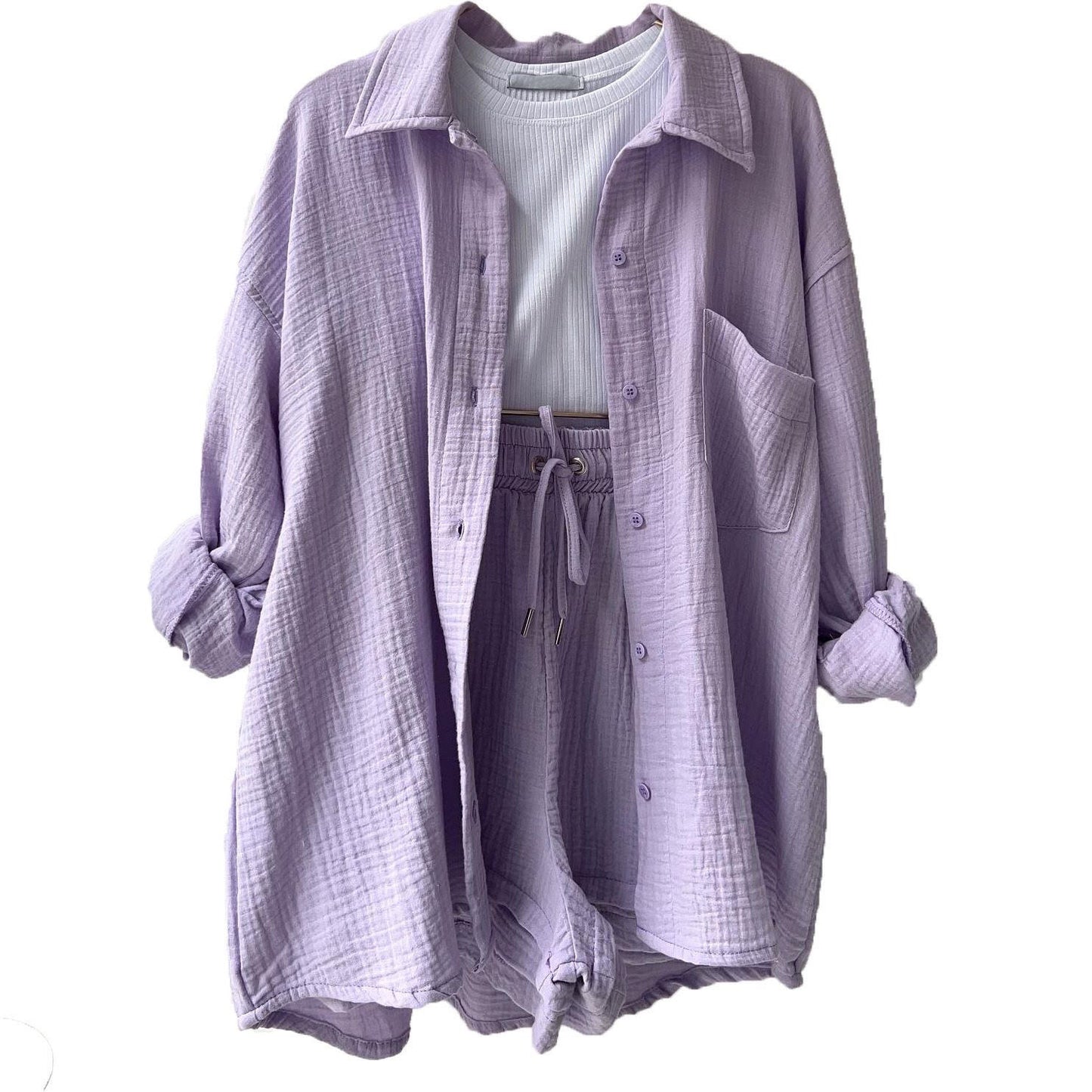 Women's Fashion Set – Wrinkled Collar Long Sleeve Shirt & High-Waisted Drawstring Shorts"