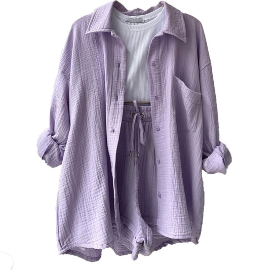 Women's Fashion Set – Wrinkled Collar Long Sleeve Shirt & High-Waisted Drawstring Shorts"