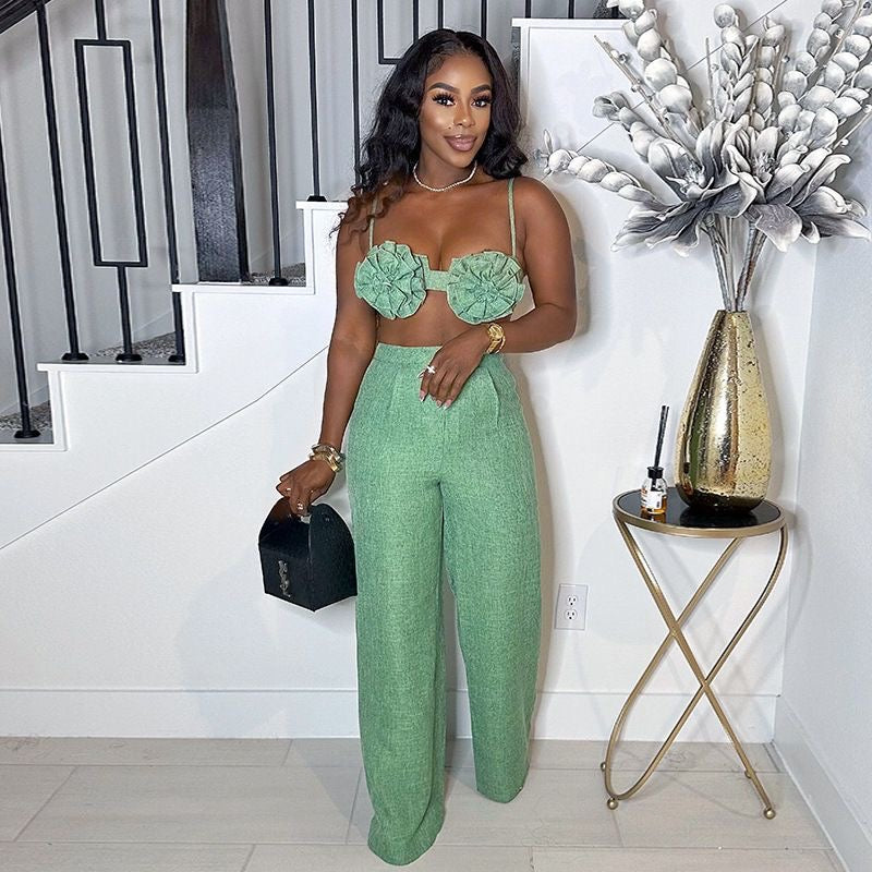 Floral Two-Piece Crop Top and Wide-Leg Pants Set