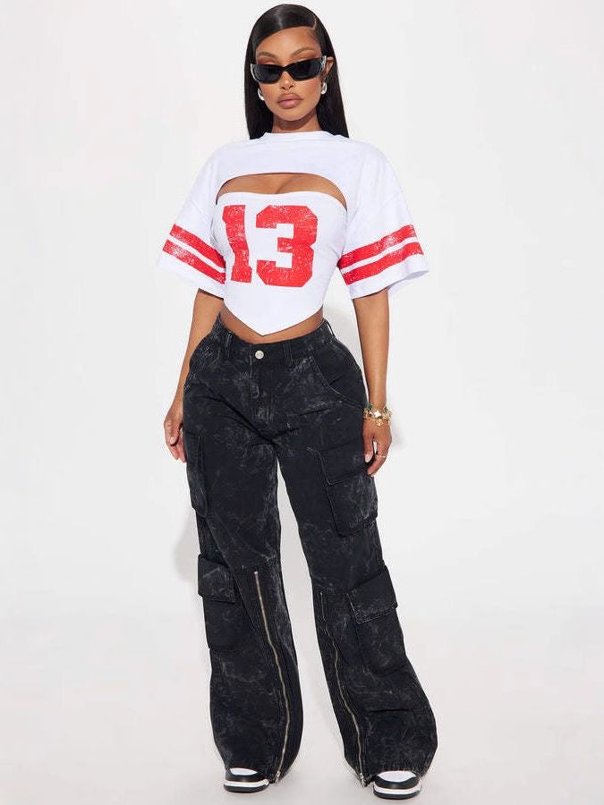 2024 Autumn Casual Loose Sports Style Printed Tube Top Pullover T-Shirt for Women