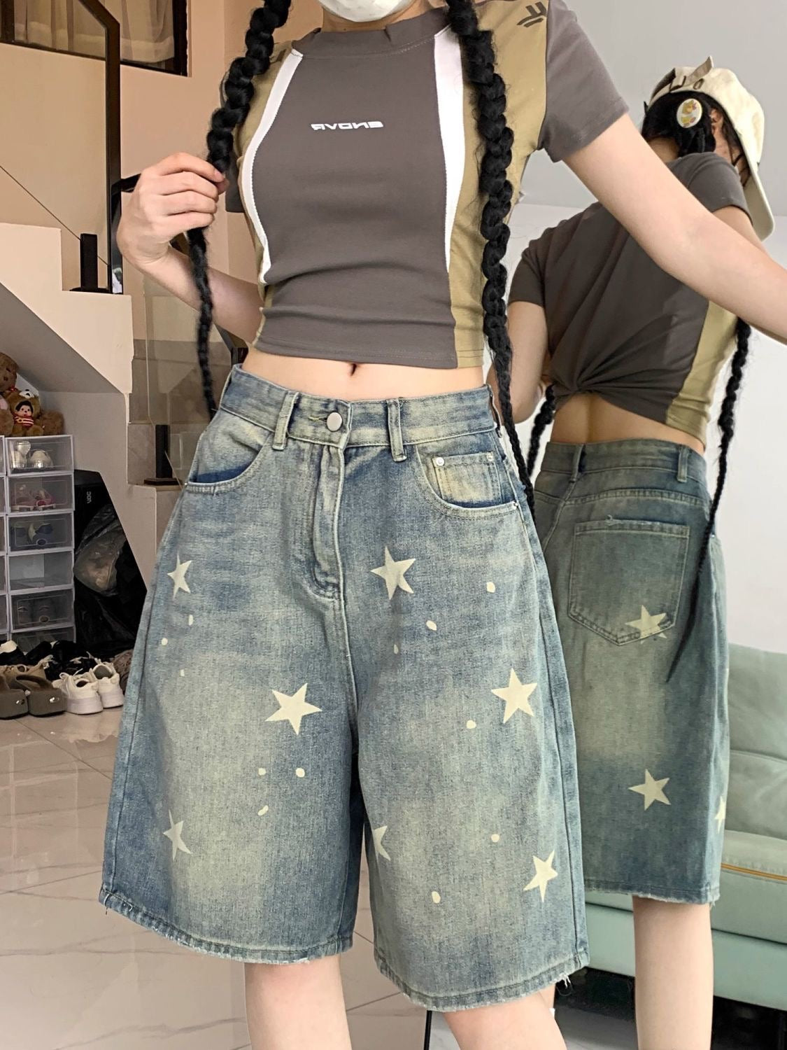Women’s Vintage Star Print Denim Shorts – High-Waisted Loose Fit 5-Inch Wide-Leg Straight Shorts, American Retro Summer Style