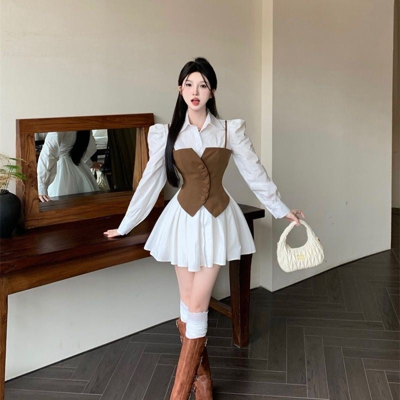 Plus Size Waist-Defining Slimming Shirt Dress for Women 2023 New Autumn Melard Long Sleeve Faux Two-Piece Mini Skirt