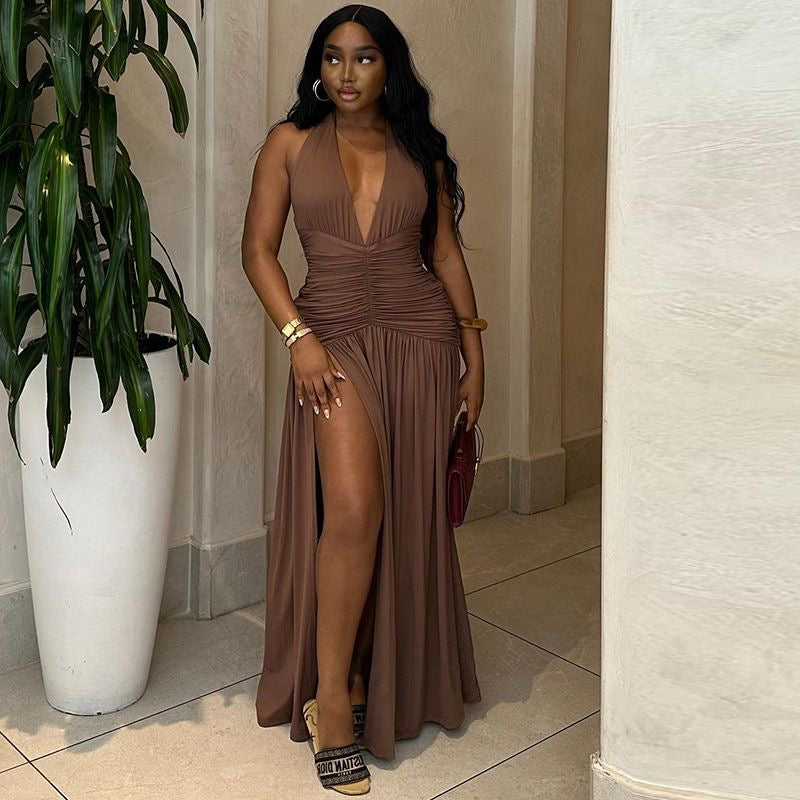 Women’s Solid Color Dress – Sleeveless Deep V-Neck Split Waist Slim Casual Dress