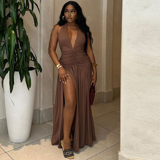 Women’s Solid Color Dress – Sleeveless Deep V-Neck Split Waist Slim Casual Dress