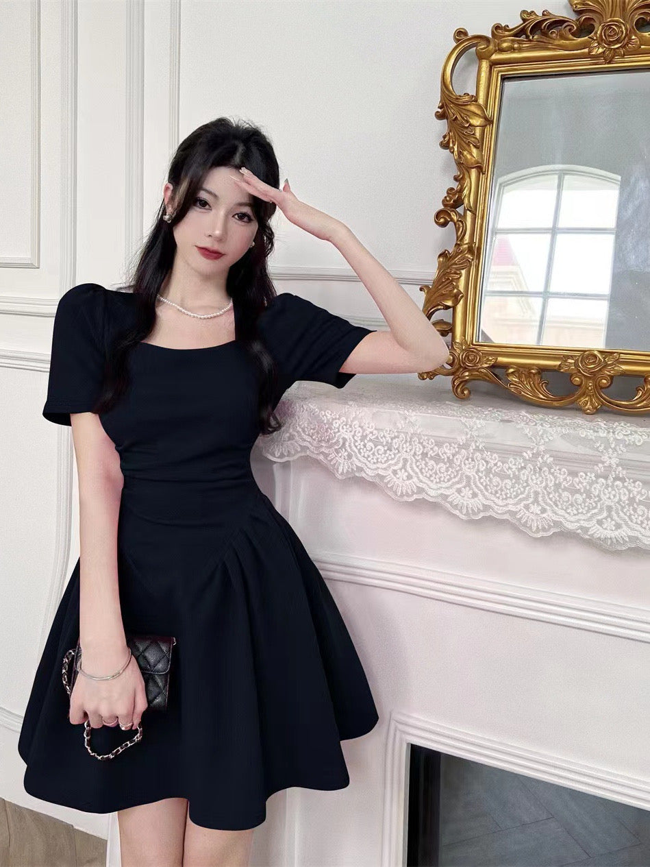 2024 New Summer French Style Dress – Waist-Cinching Pleated Puff Sleeve Square Neck A-Line Mini Dress