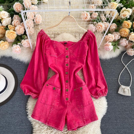 Rose Pink Jumpsuit with Retro Single-Breasted Button, Slim-Fit Short Denim Pants for Autumn