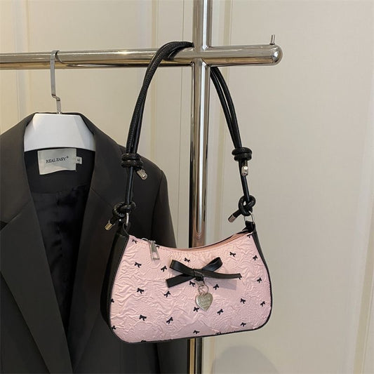 Korean Sweet Style Seersucker Bow Underarm Bag – Elegant Black & Pink Contrast Shoulder Crossbody