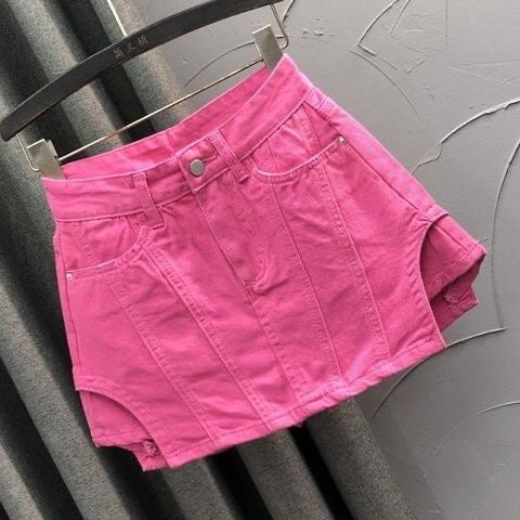 Rose Pink High-Waisted Faux Two-Piece Denim Skirt Shorts for Women – 2022 New Summer Fashion A-Line Trendy Hot Pants