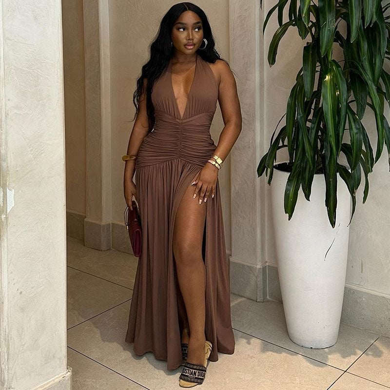 Women’s Solid Color Dress – Sleeveless Deep V-Neck Split Waist Slim Casual Dress